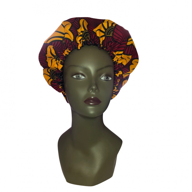 Bonnet Wax & Satin Red and yellow hibiscus @By Georges Décimus