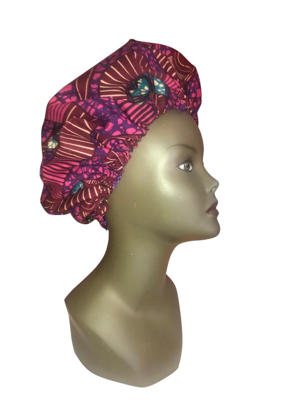Bonnet de nuit en coton de wax et satin,réglable / B57