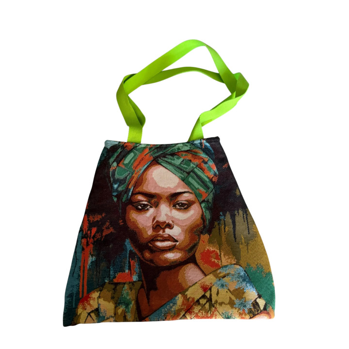 Sac Cabas Art Africain — Portrait Femme Turban Vert Anse Fluo