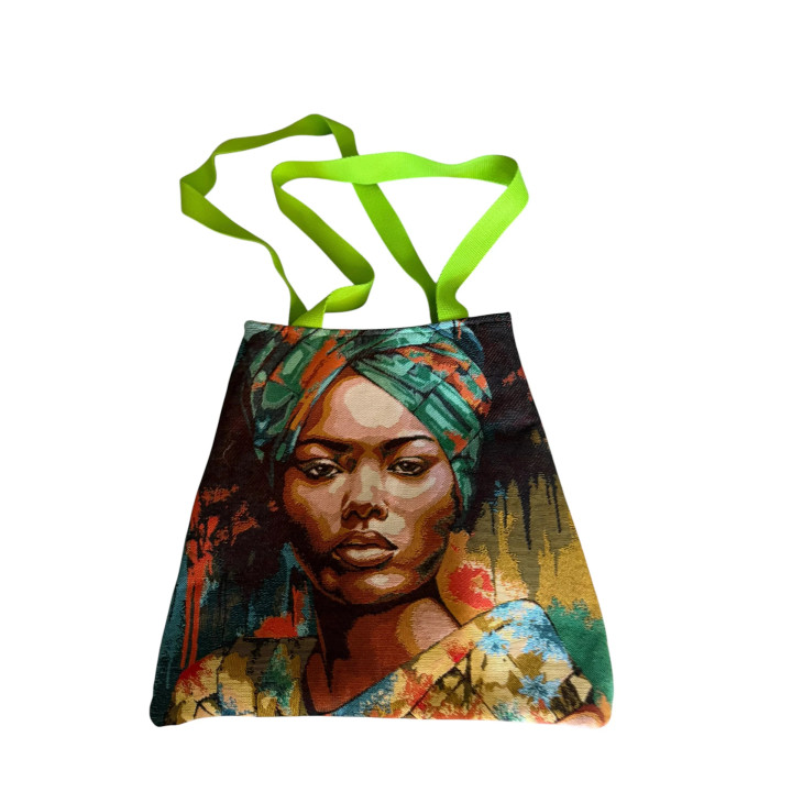 Sac Cabas Art Africain — Portrait Femme Turban Vert Anse Fluo
