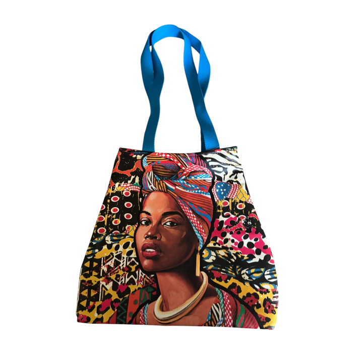 Sac Cabas Tissu Africain — Portrait Femme Turban Anse Bleu Clair