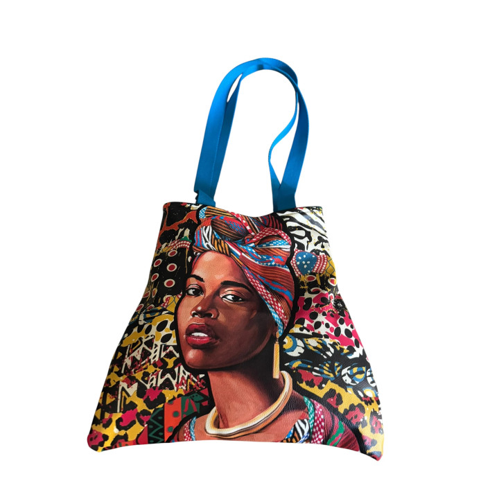 Sac Cabas Tissu Africain — Portrait Femme Turban Anse Bleu Clair