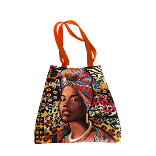Sac Cabas Tissu Africain — Portrait Femme Turban Anse Orange