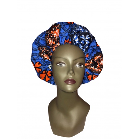 Bonnet en wax de coton bleu comme la nuit, doublé de satin